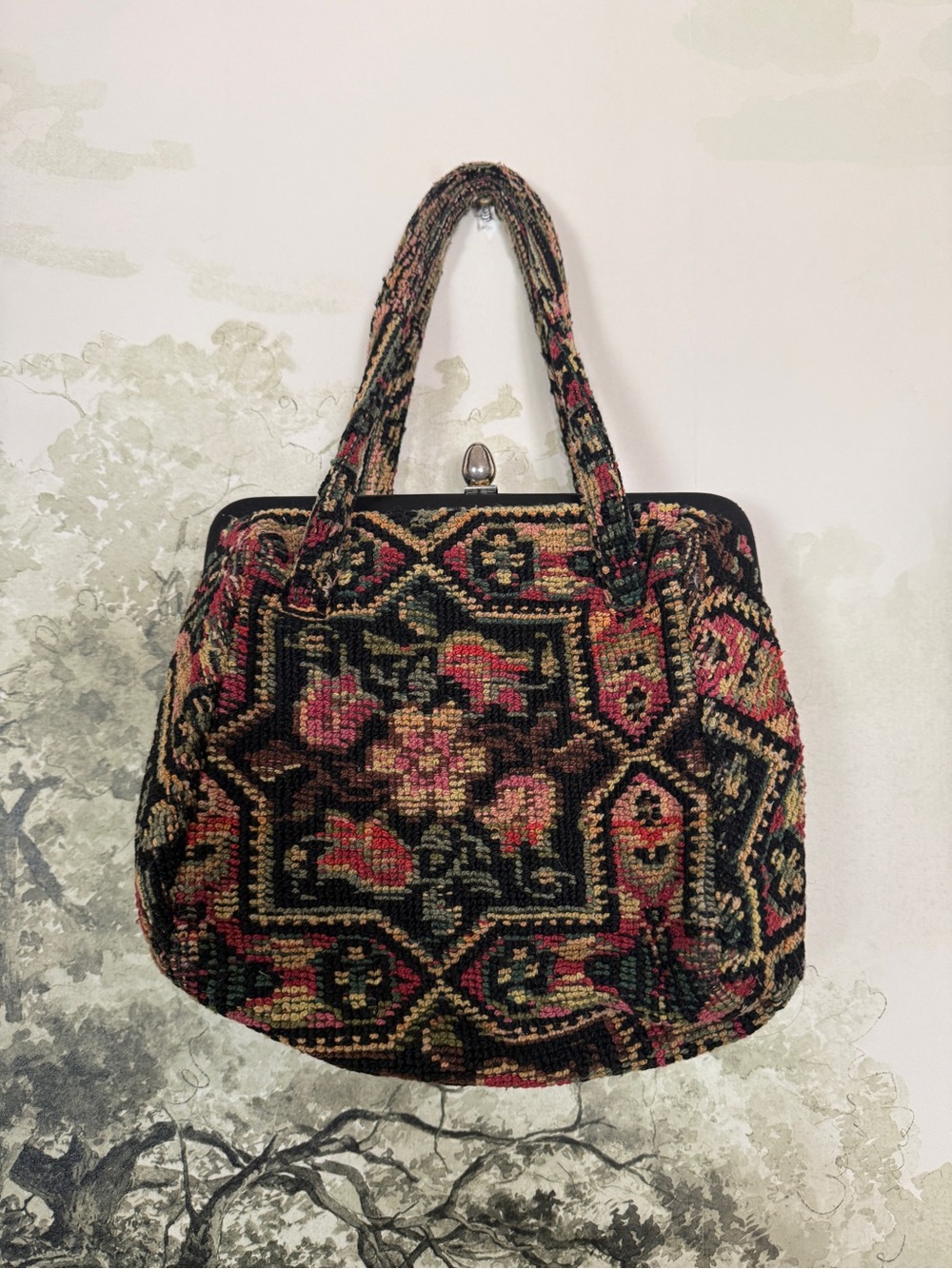 Vintage-Inspired Floral Tapestry Handbag in Black and Multicolor